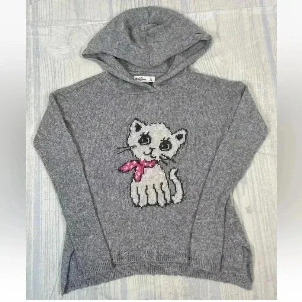 Abercrombie & Fitch Kids Girl’s Size M Kitty Cat Hooded Knit Gray Sweater‎ Top